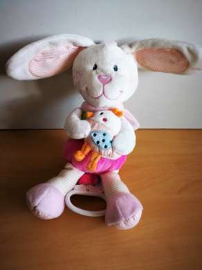 Doudou Lapin Tex Blanc rose vert tenant oiseau 