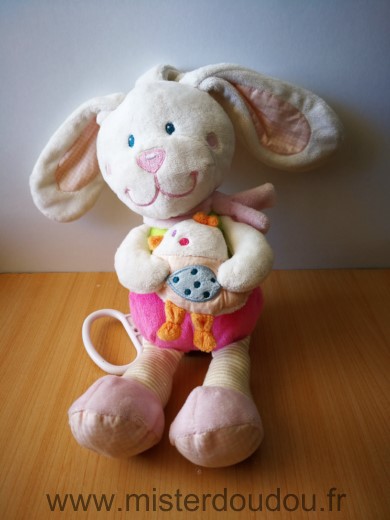 Doudou Lapin Tex Blanc rose vert tenant poule 