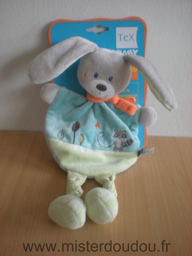 Doudou Lapin Tex Bleu vert motif castor 