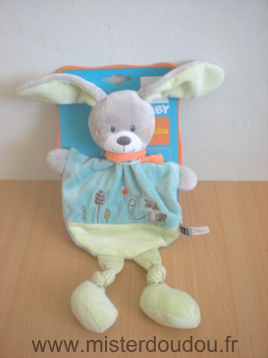 Doudou Lapin Tex Bleu vert motif castor arbres 