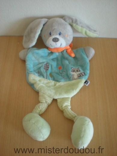 Doudou Lapin Tex Bleu vert motif raton laveur 