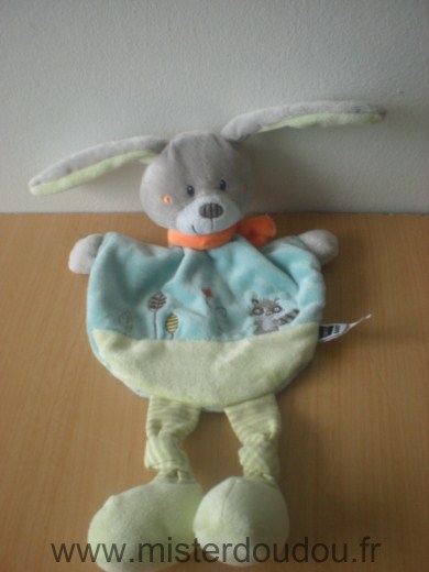 Doudou Lapin Tex Bleu vert motifs raton laveur arbres feuille foulard orange 