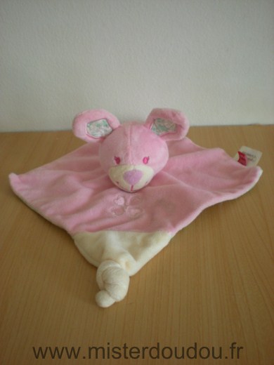 Doudou Lapin Tex Chien ou lapin rose ecru broderie trefle 