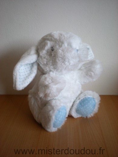 Doudou Lapin Tex Peluche blanc pieds bleus points blanc 