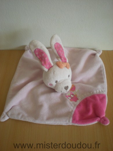 Doudou Lapin Tex Rose blanc motif oisau fleur 