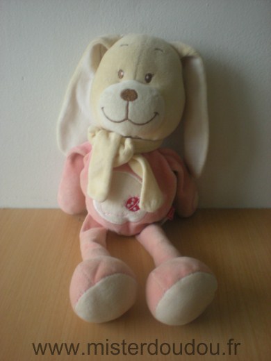 Doudou Lapin Tex Rose echarpe jaune coccinelle rouge 