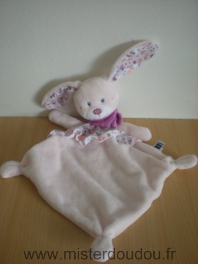 Doudou Lapin Tex Rose foulard mauve tissus blanc imprimé feuillages  oiseau 