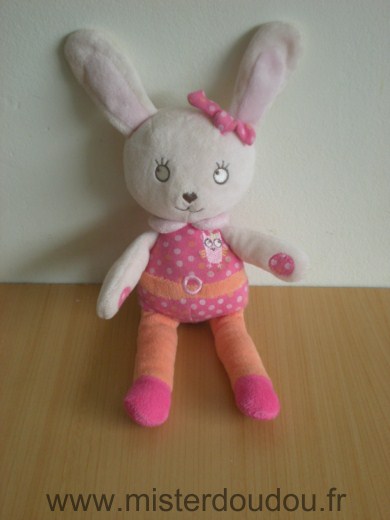 Doudou Lapin Tex Rose orange blanc avec une chouette rose brodee 