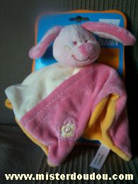 Doudou Lapin Tex Rose / orange / ecru Fleur sur le devant.