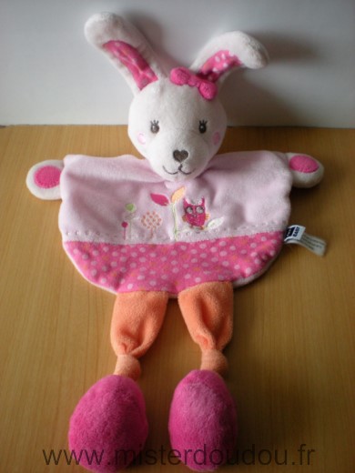 Doudou Lapin Tex Rose orange motif oiseau 