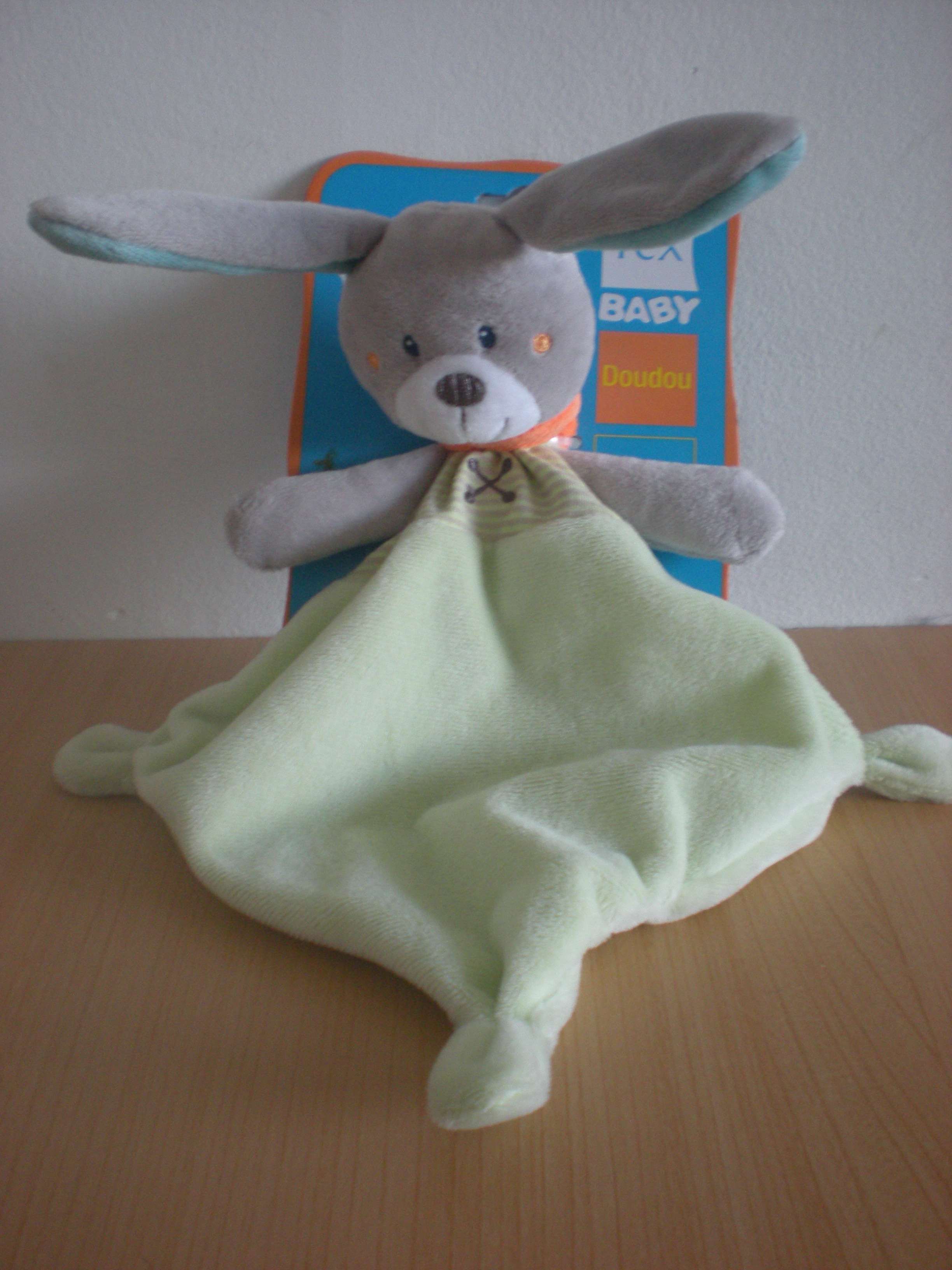 Doudou Lapin Tex Vert gris bleu orange 