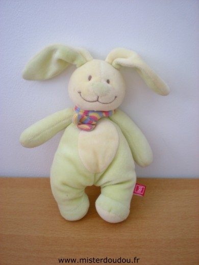 Doudou Lapin Tex Vert jaune écharpe multicolore 