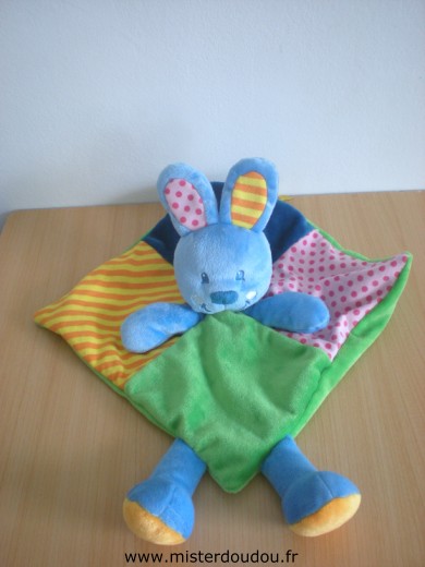 Doudou Lapin Tilapin Bleu vert jaune rose 