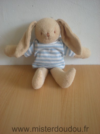 Doudou Lapin Trousselier Beige tshirt rayé bleu blanc 