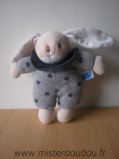 Doudou Lapin Trousselier Gris motifs coeur bleu marrine 