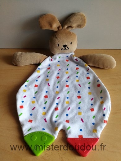 Doudou Lapin - marque non connue - Blanc beige formes multicolores dentition 