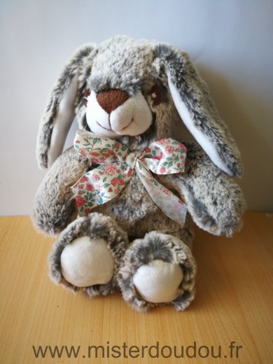 Doudou Lapin - marque non connue - Gris chine ruban fleurs 