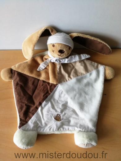 Doudou Lapin 0 Marron beige blanc coeur bonnet 