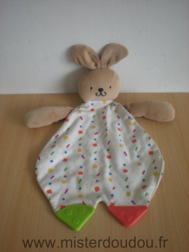 Doudou Lapin 0 Tissus blanc motifs multicolore anneau dentition 