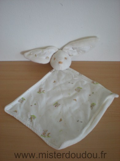 Doudou Lapin - marque non connue - Tissus blanc motifs oursons devant, velour ecru derriere 