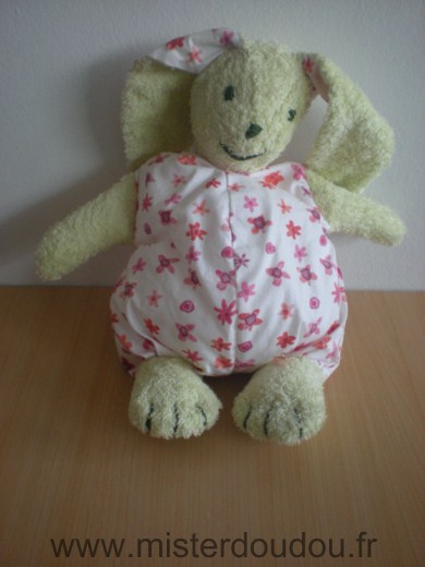 Doudou Lapin - marque non connue - Vert blanc motifs fleurs 