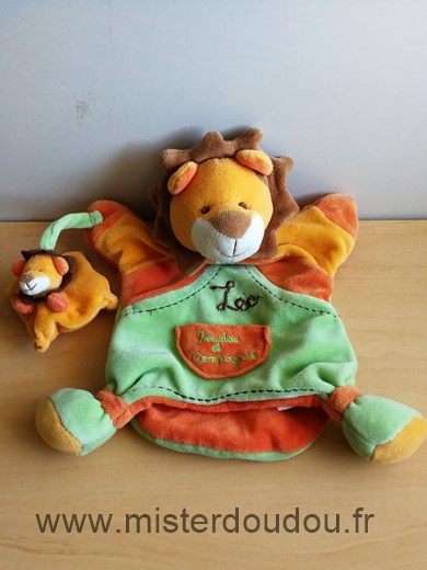 Doudou Lion Doudou et compagnie Orange vert jaune Brodé leo