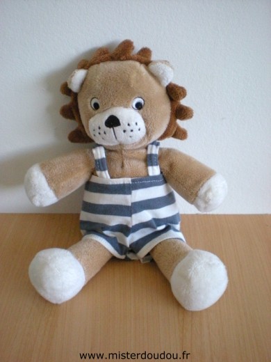 Doudou Lion H et m Marron salopette bleu blanc 