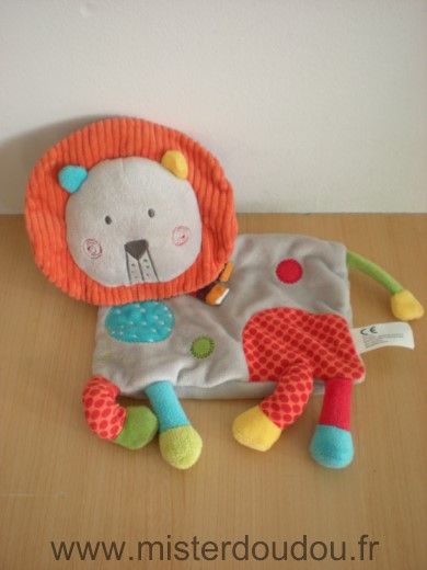 Doudou Lion Nicotoy Gris rouge bleu criniere orange 