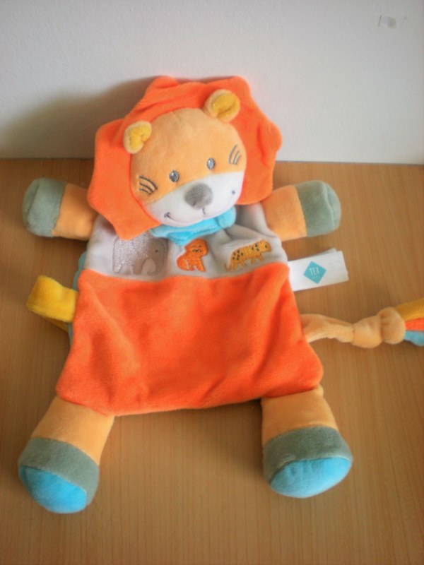 Doudou Lion Tex Orange gris bleu 