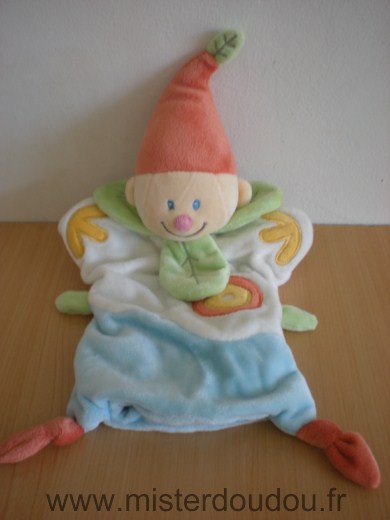 Doudou Lutin Baby luna Blanc bleu col vert bonnet orange 