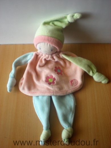 Doudou Lutin Bestever Rose bleu vert fleurs 