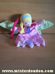 Doudou Lutin Cmp Rose ailes vertes Marionnette fée avec baguette rose fushia