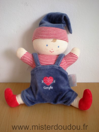 Doudou Lutin Corolle Bleu rouge raye coeur poissons 