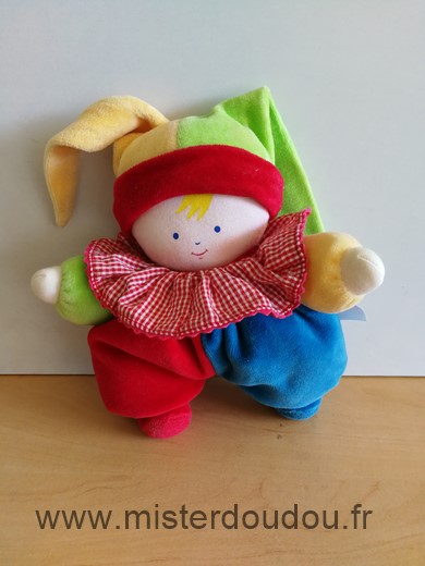 Doudou Lutin Corolle Rouge bleu bonnet jaune vert 