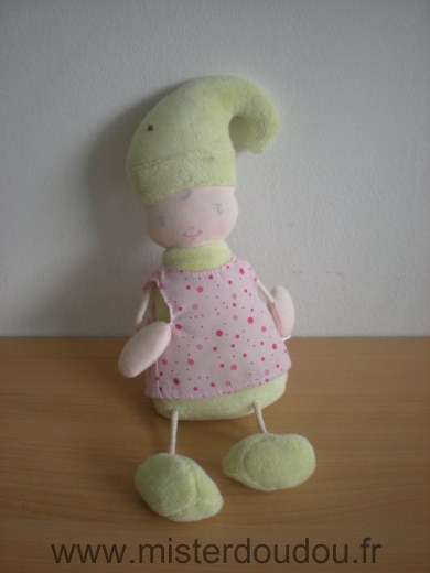 Doudou Lutin Corolle Vert robe rose 