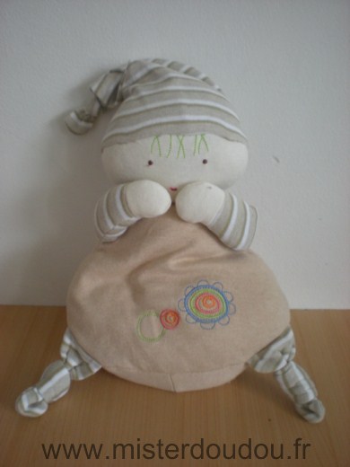 Doudou Lutin Dodo d amour Beige avec fleurs brodees 