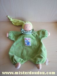 Doudou Lutin Kathe kruse Vert col vichy vert bonnet rayé jaune vert 