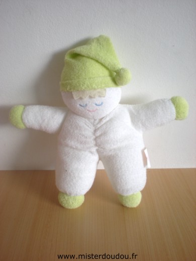 Doudou Lutin Lierac Blanc bonnet vert En tissus éponge