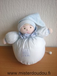 Doudou Lutin Moulin roty Bleu clair petits carrés bleus bonnet bleu Bon état général mais la boite à musique ne fonctionne plus