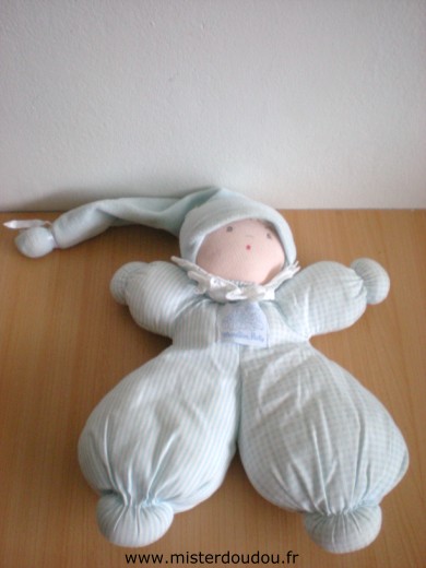 Doudou Lutin Moulin roty Moitié rayé bleu blanc, autre moitié à petits carreaux bleus 