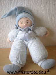 Doudou Lutin Moulin roty Tissus vichy bleu bonnet  bleu en velours 
