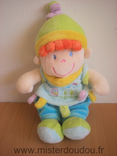 Doudou Lutin Nicotoy Bleu jaune bonnet vert 