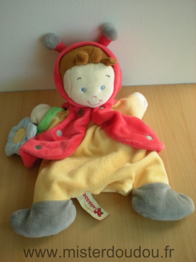 Doudou Lutin Nicotoy Jaune coccinelle rouge fleur bleue 