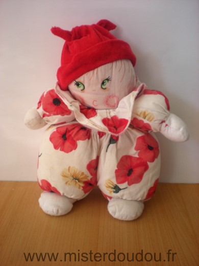 Doudou Lutin Nounours Blanc rouge fleurs 