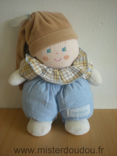 Doudou Lutin Nounours Bleu bonnet beige 