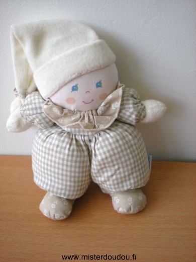 Doudou Lutin Nounours Tissus vichy marron et bonnet ecru en tissus eponge 