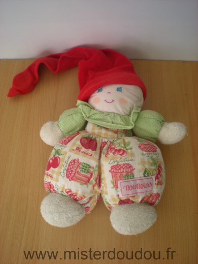 Doudou Lutin Nounours Vert bonnet rouge motifs fruits 