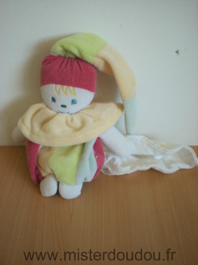 Doudou Lutin Sucre d orge Jaune rouge ert bleu mouchoir blanc 