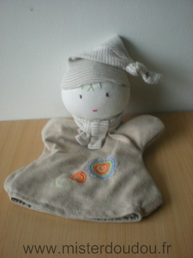Doudou Lutin - marque non connue - Beige en coton bonnet écharpe rayés, broderie fleur, 