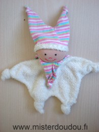 Doudou Lutin - marque non connue - Ecru tissus éponge, bonnet rayé rose bleu vert blanc Tissus bonnet et tête bouloché